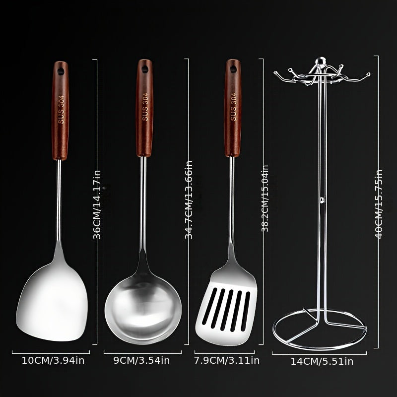 304 zanglamaydigan po'latdan yasalgan oshxona asboblari to'plami, spatula, qozon va xizmat qilish qoshiq bilan