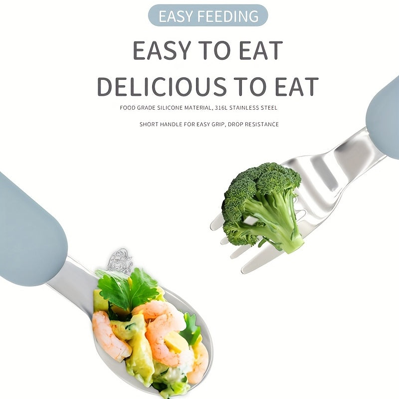 Juego de cubiertos para niños en acero inoxidable para bebés, tenedor y cuchara con mangos redondos
