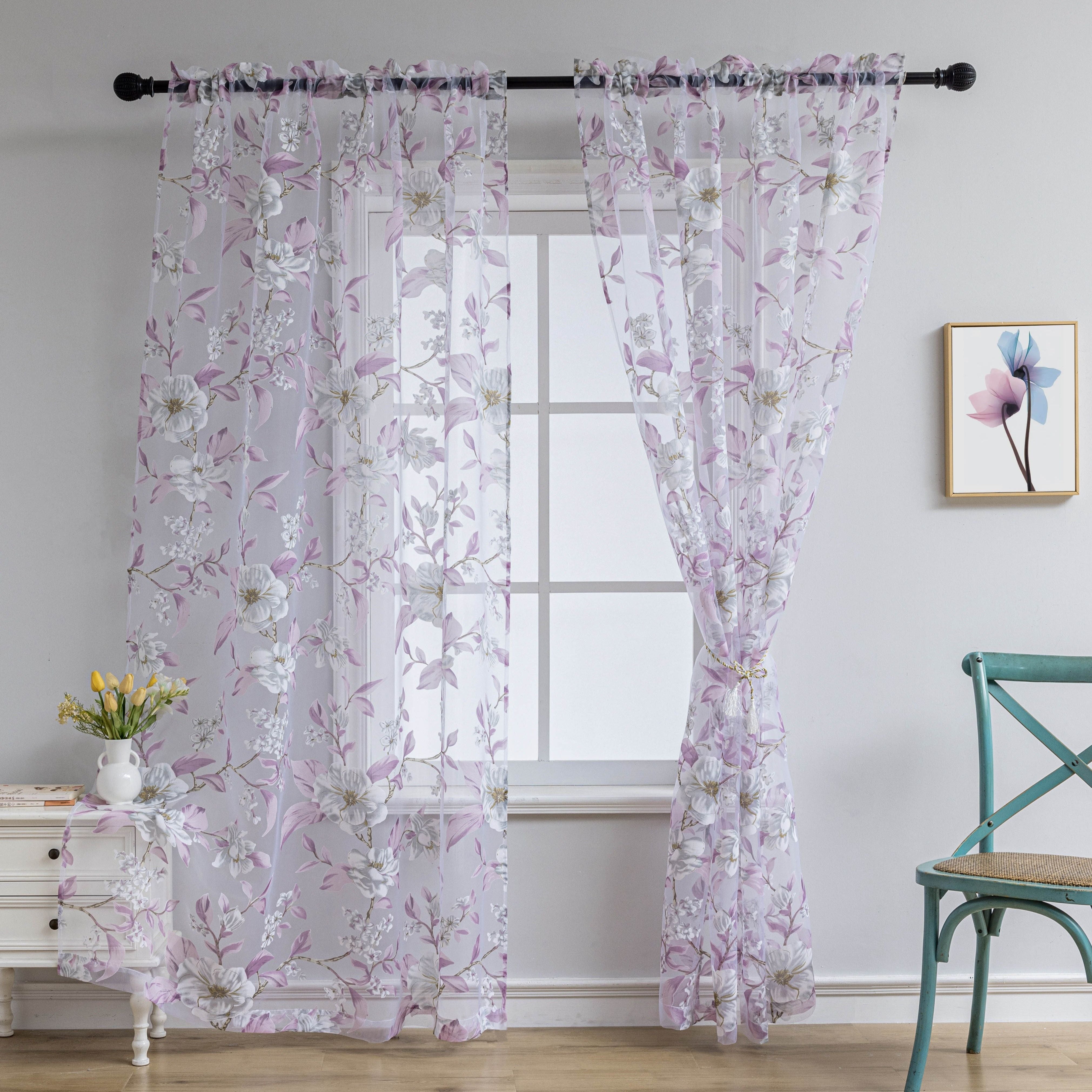 Sheer Curtains for Living Room and Bedroom Purple Floral Light-Filtering 1 Piece