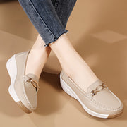 Women's Beige Slip-On Loafers with Non-Slip Sole and Decorative Buckle