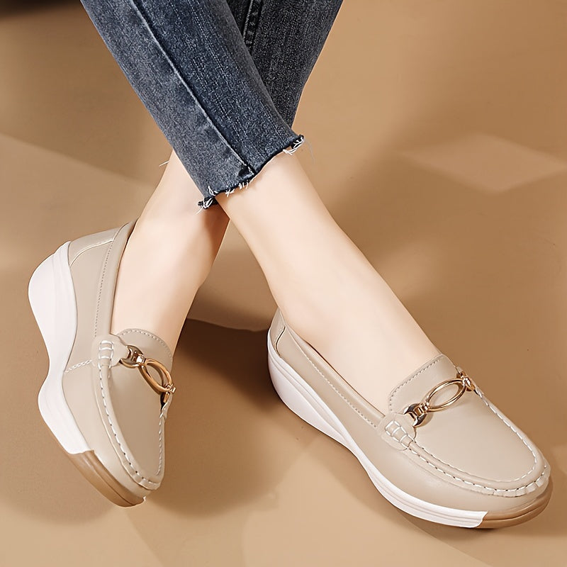Women's Beige Slip-On Loafers with Non-Slip Sole and Decorative Buckle