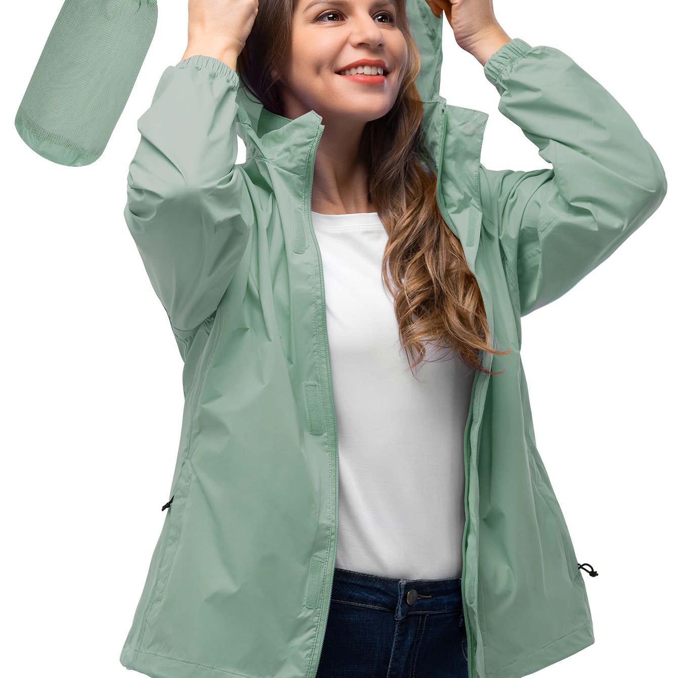 Women’s Lightweight Windbreaker Jacket with Hood, Zipper Pockets, Navy Blue, Plus Size