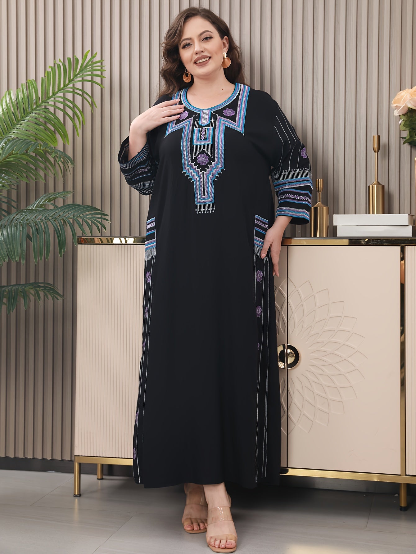 Embroidered Tribal Pattern Kaftan Dress Long Sleeve Loose Fit Woven Fabric