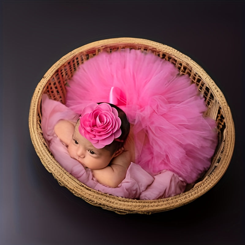 Pink Ballet Tutu Skirt and Floral Headband Set for Girls Kids Photo Session