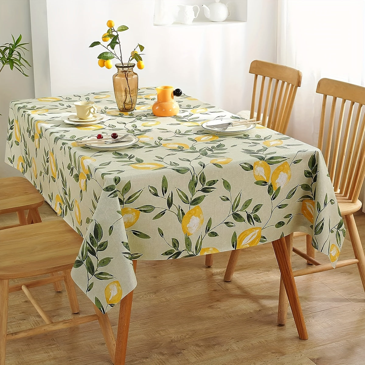 Vinyl Tablecloth Waterproof Oil-Resistant Rectangular Lemon Leaf Pattern for Kitchen Dining