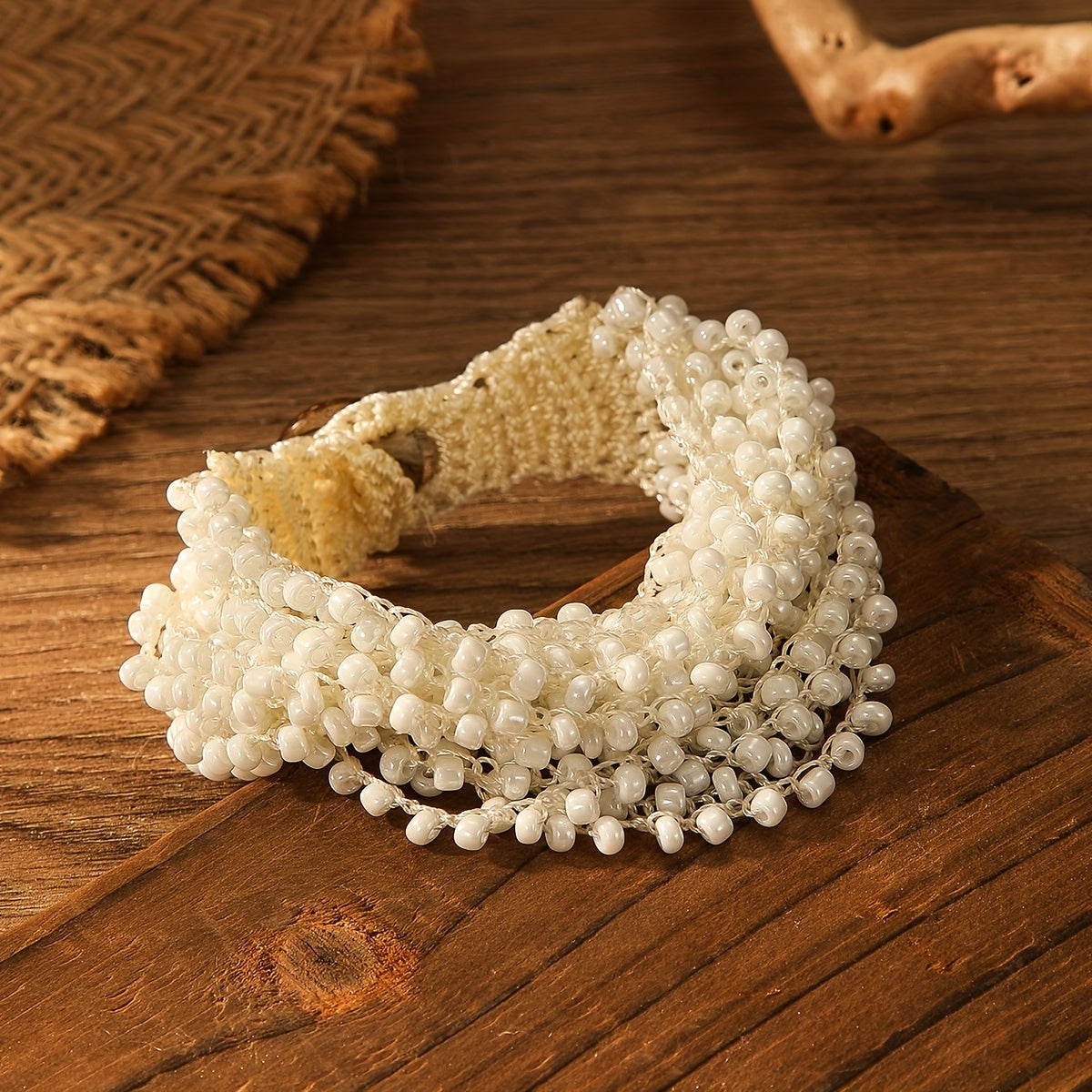 Handcrafted Beaded Bohemian Style Bracelet with White Crochet Hook Charm for Women