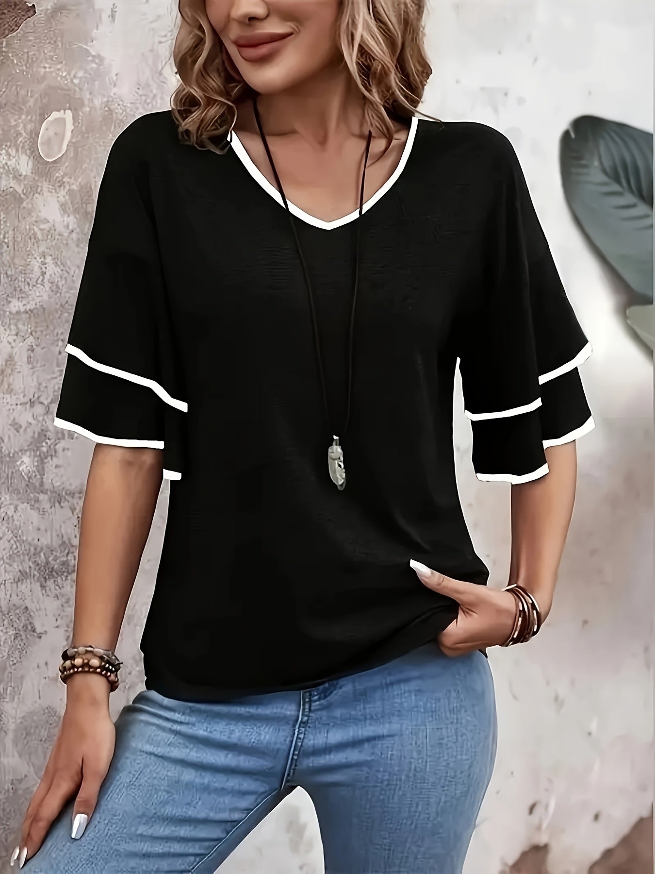 Women's Black V-Neck T-Shirt with White Trim Short Sleeve Stretchy Fabric