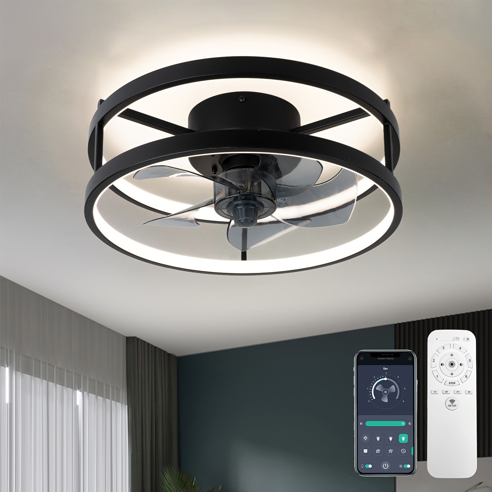 Black Dimmable Low Profile Ceiling Fan with Lights Remote Control for Bedroom Living Room Kitchen