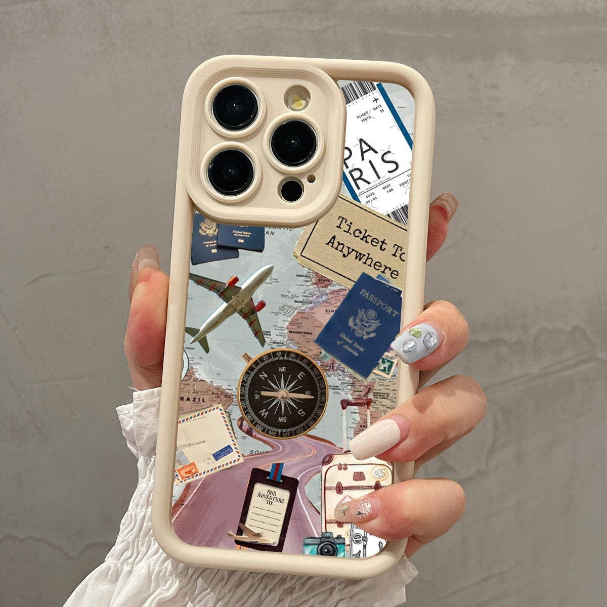 White Airplane Compass Map Pattern TPU Phone Case for iPhone 11 to 15 and SE