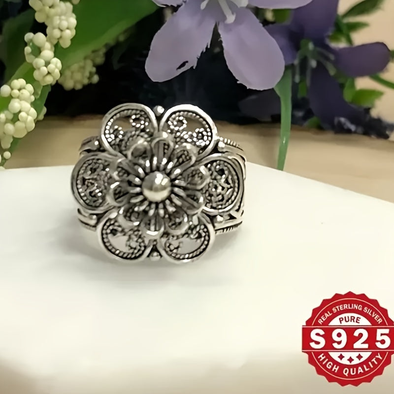 Sterling Silver Daisy Ring Hollow Design Bohemian Style for Weddings and Parties