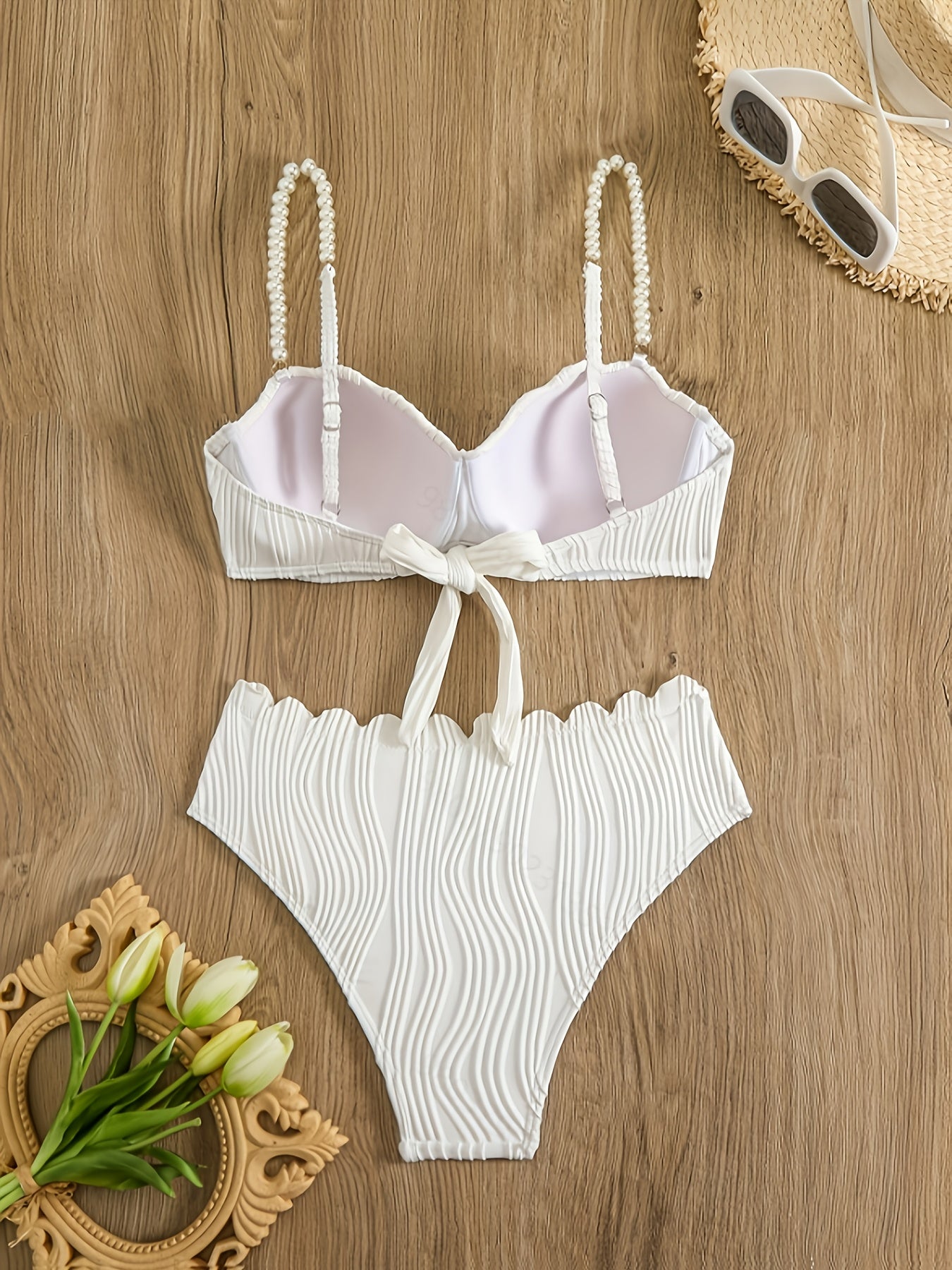 High Stretch Polyester Bikini Set with Pearl Accents Sleeveless Knit Fabric Solid Color