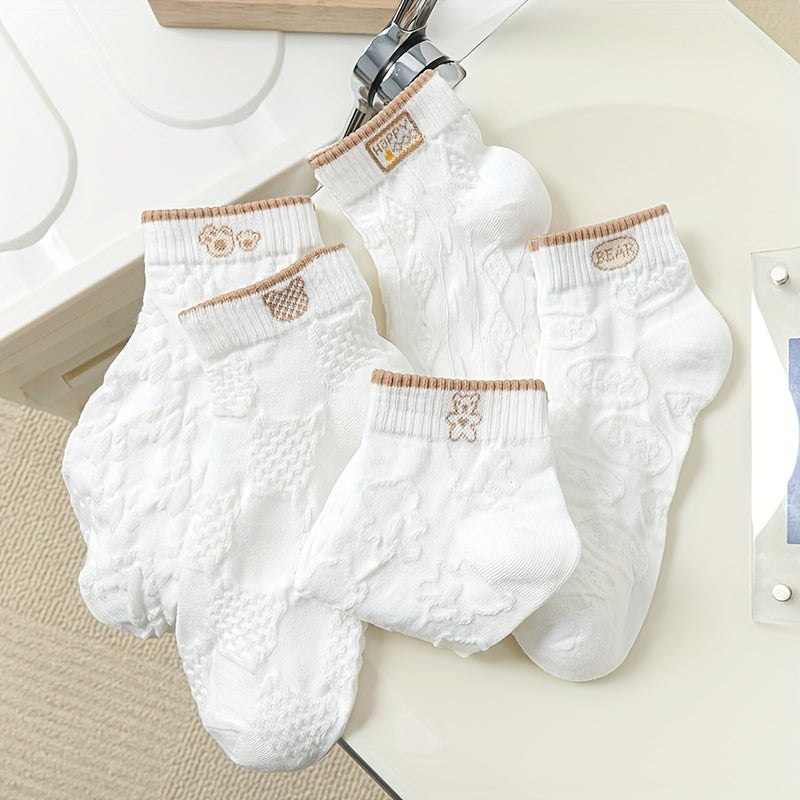 Women's Summer White Short Socks Pack of 5 Low-Cut Knit Ankle Socks for Casual Wear