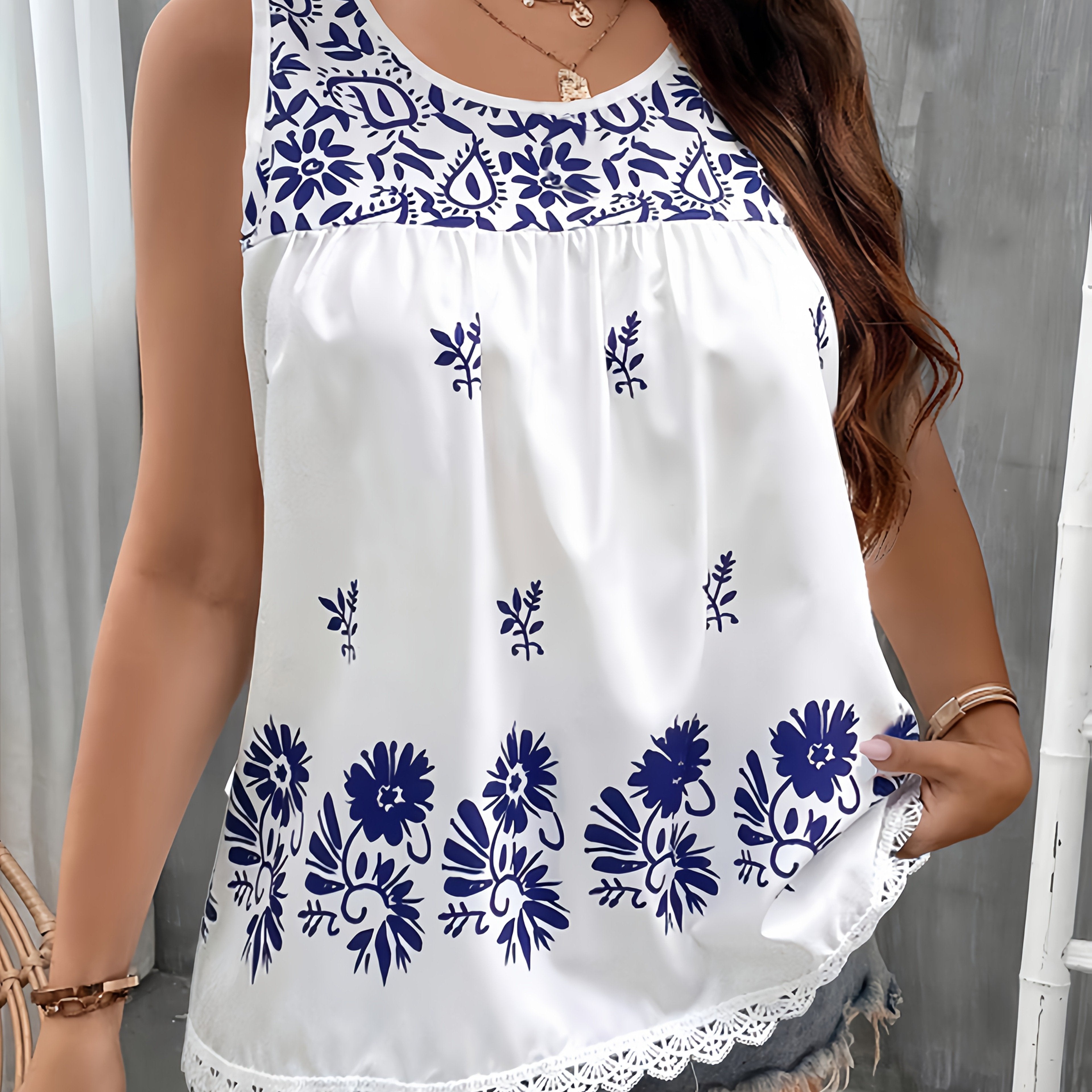 Топ без рукавов для женщин больших размеров с цветочным принтом и кружевной отделкой, летняя блузка