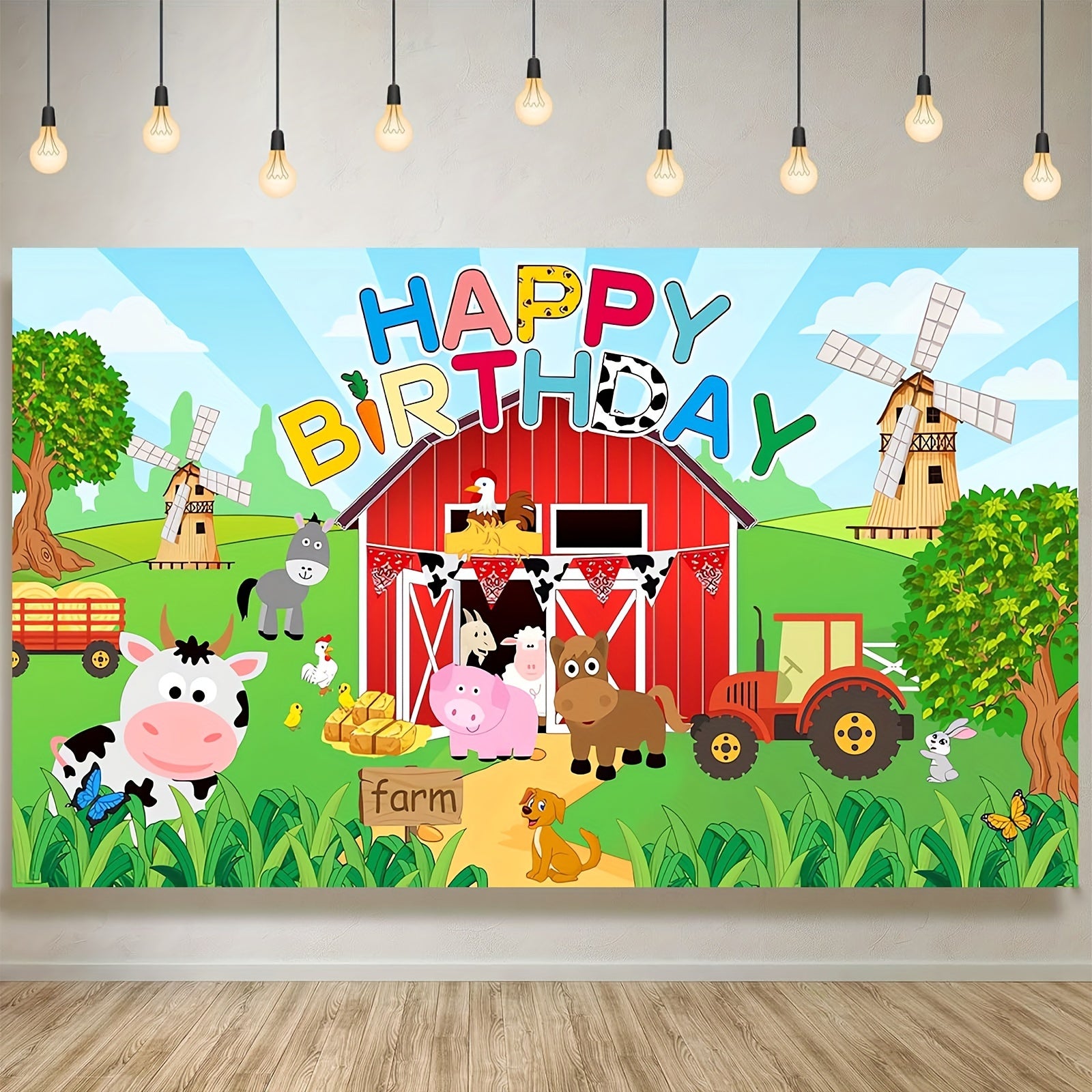 Large Farm Animal Birthday Party Backdrop Polyester Photo Background for Kids Celebrations 129x150cm