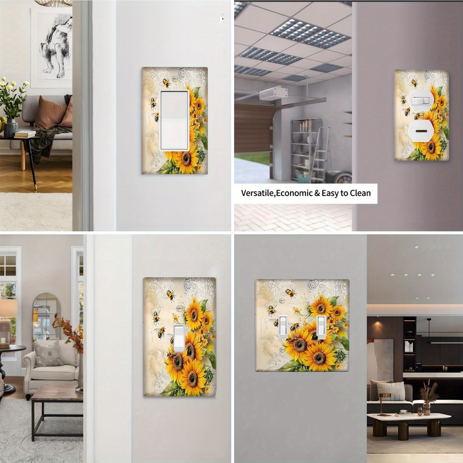 Decorative Sunflower and Bees Light for Switch Cover for Kitchen Bathroom Bedroom 1 or 2 Gang