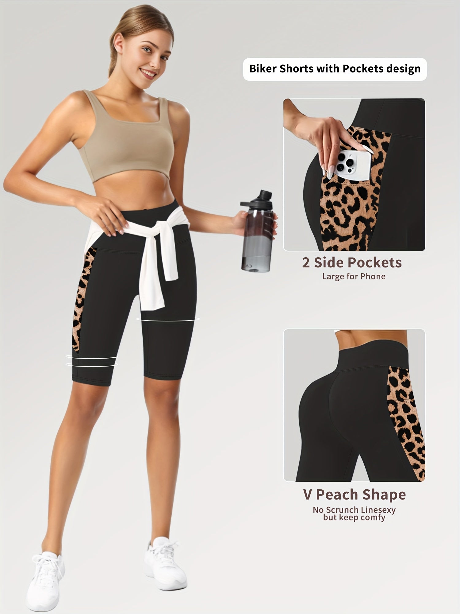 Women's Leopard Print High-Waist Tummy Control Shorts with Pockets