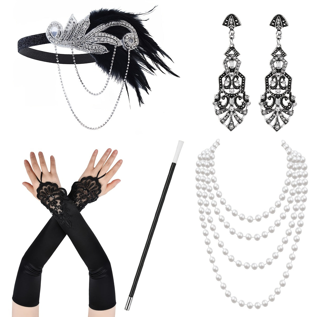 Set de accesorios de disfraces con temática Gatsby para mujeres con diadema de plumas, guantes, collar de perlas y sujetapapeles para cigarrillos