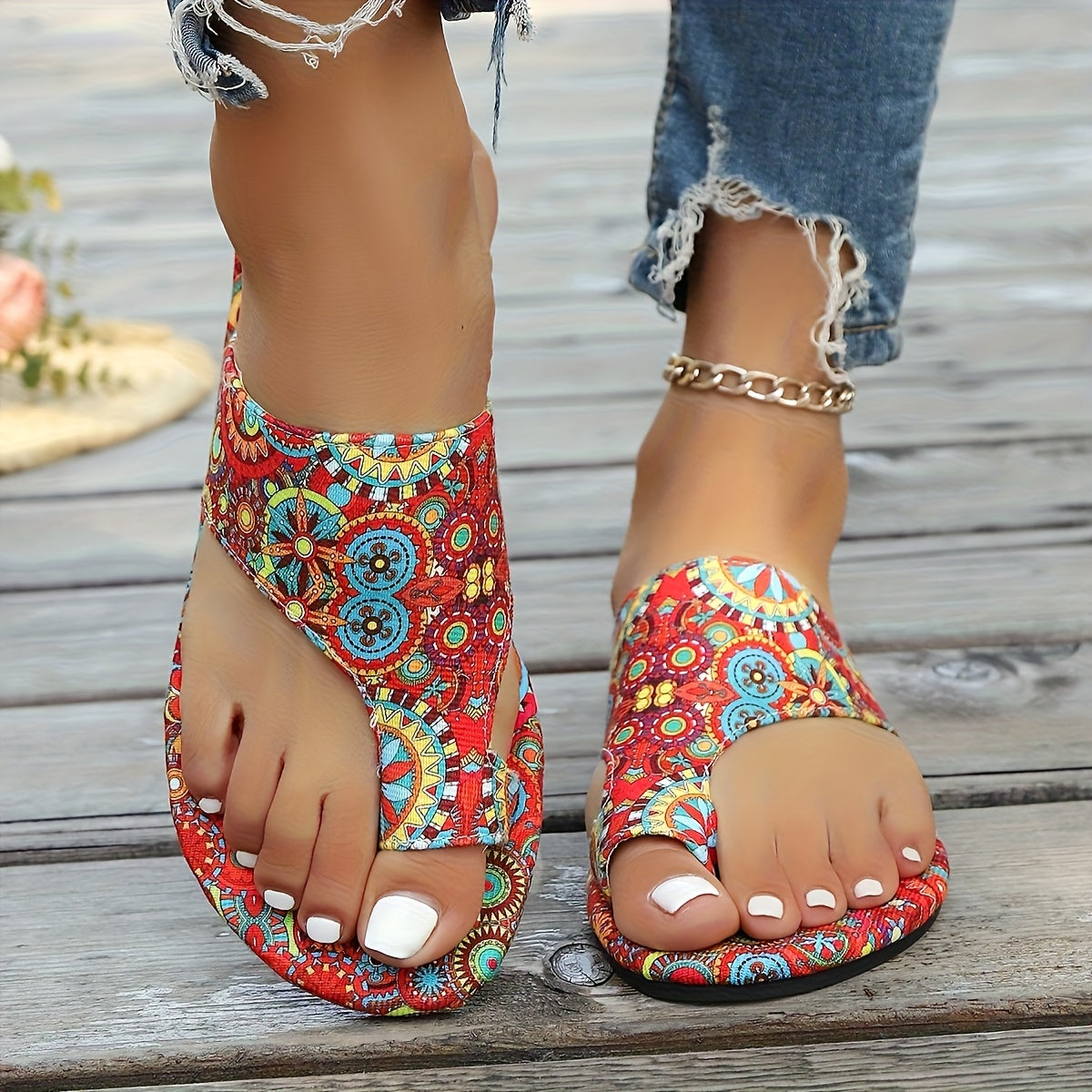 Women's Floral Print Slip-On Flat Sandals Open Toe Summer Beach
