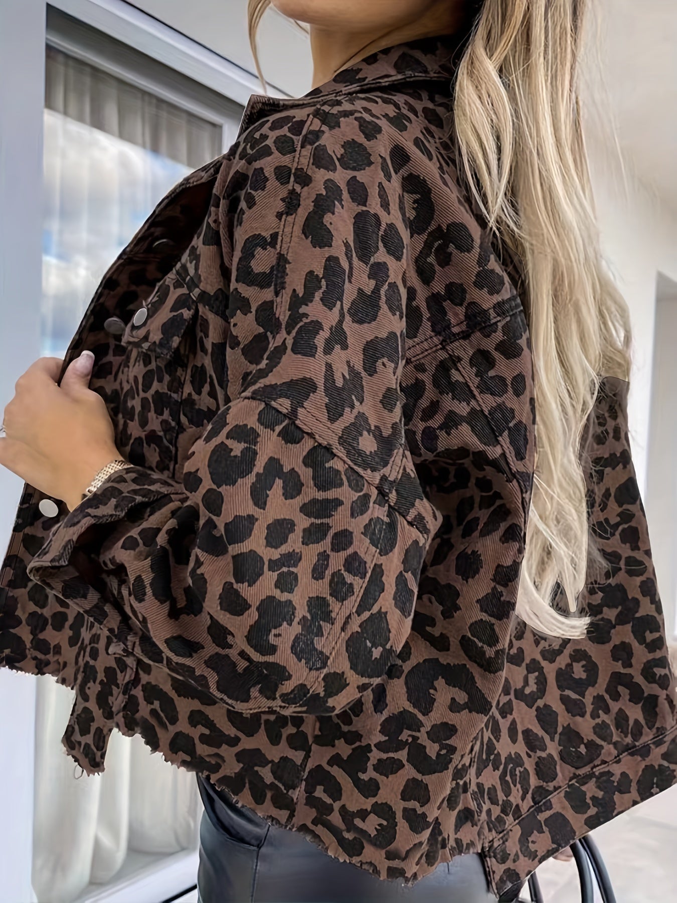 Women's Leopard Print Denim Jacket Long Sleeve Casual Spring Fall