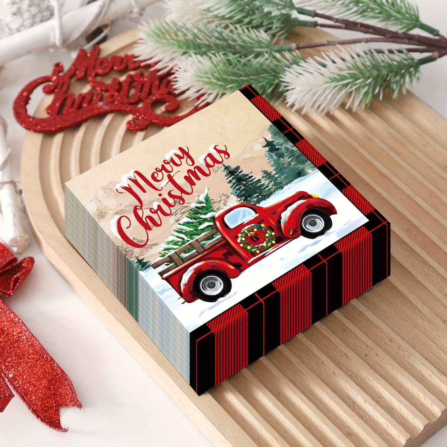 24 Pack Christmas Party Paper Napkins Vintage Truck Design Disposable Holiday Tableware