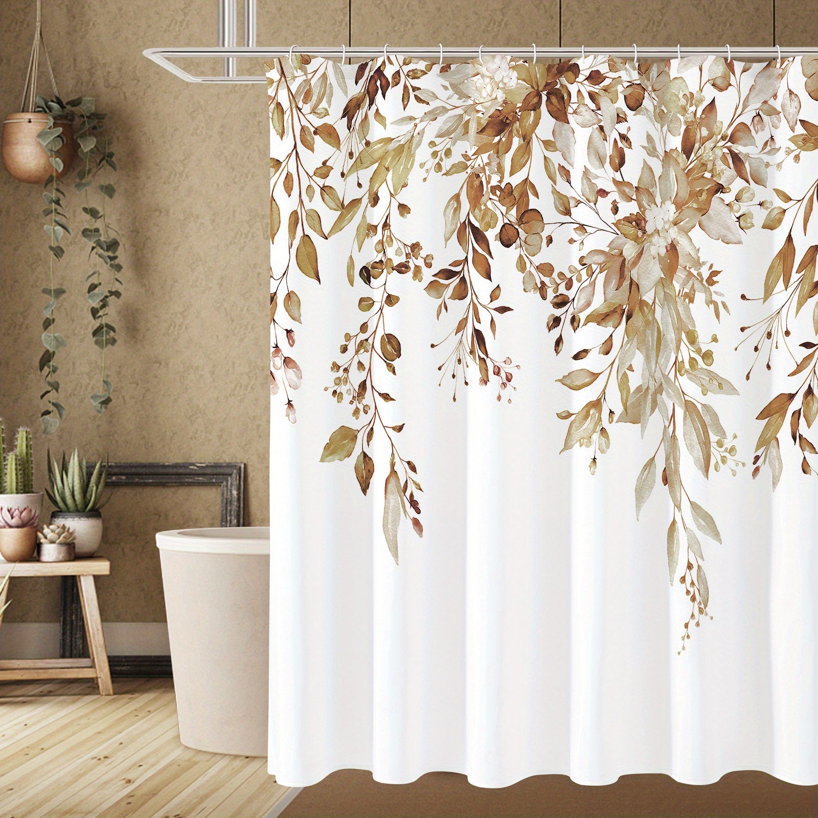 Waterproof Eucalyptus Shower Curtain with Watercolor Plant Leaves Floral Design Includes Hooks