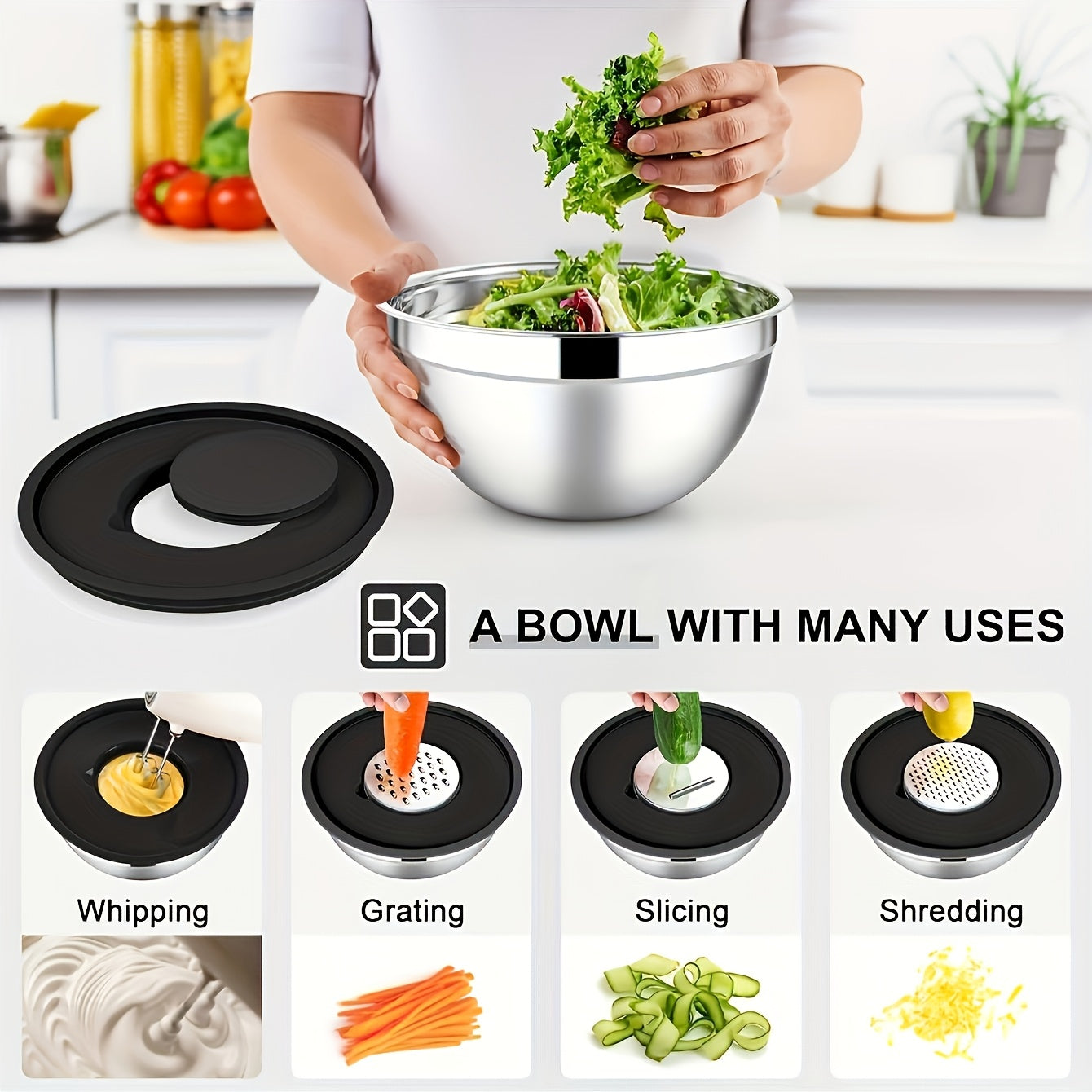 Set of 7 Stainless Steel Mixing Bowls with Black Lids and Flossing Tools