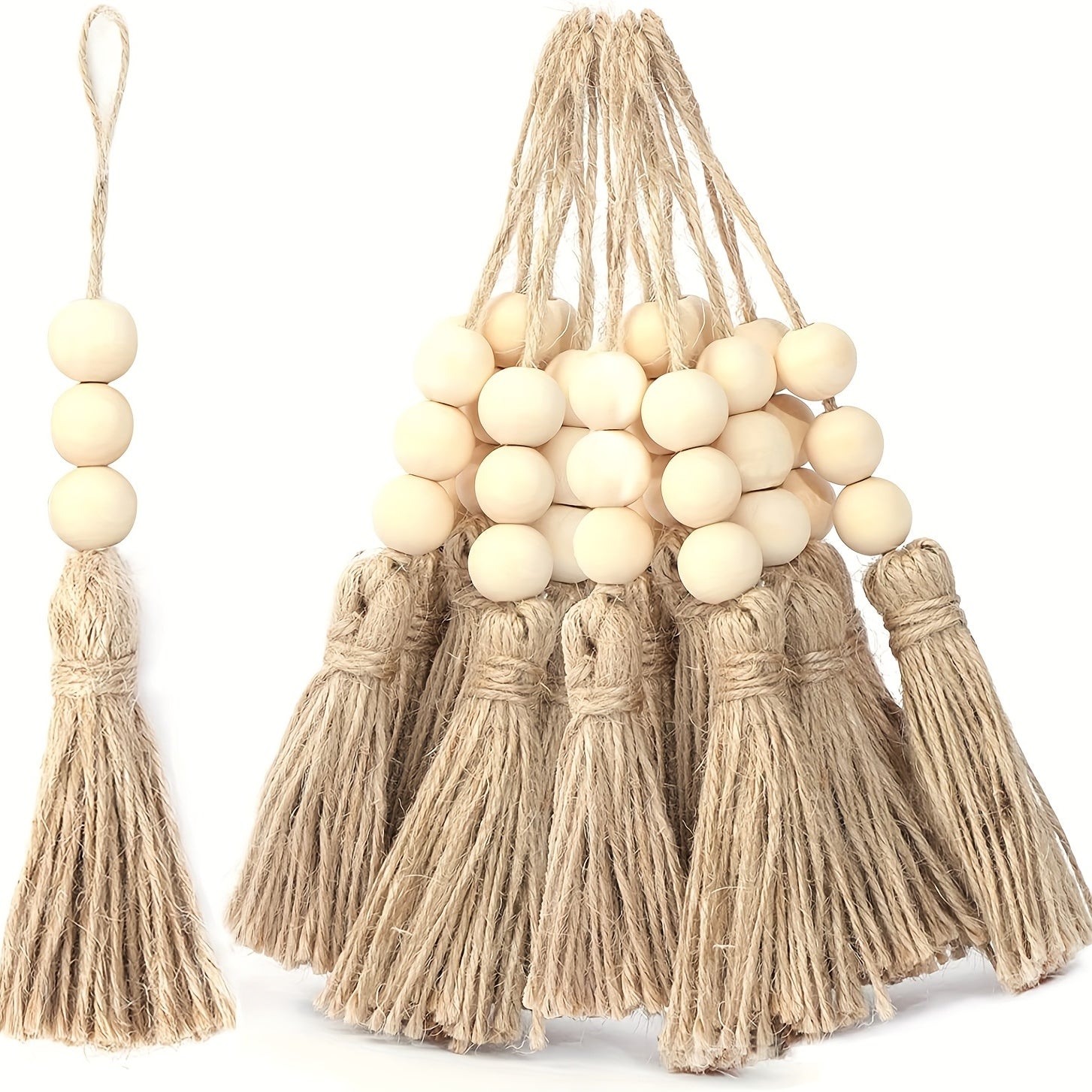 Set of 10 Natural Jute Rope Tassels with Wooden Beads for DIY Decor and Garlands