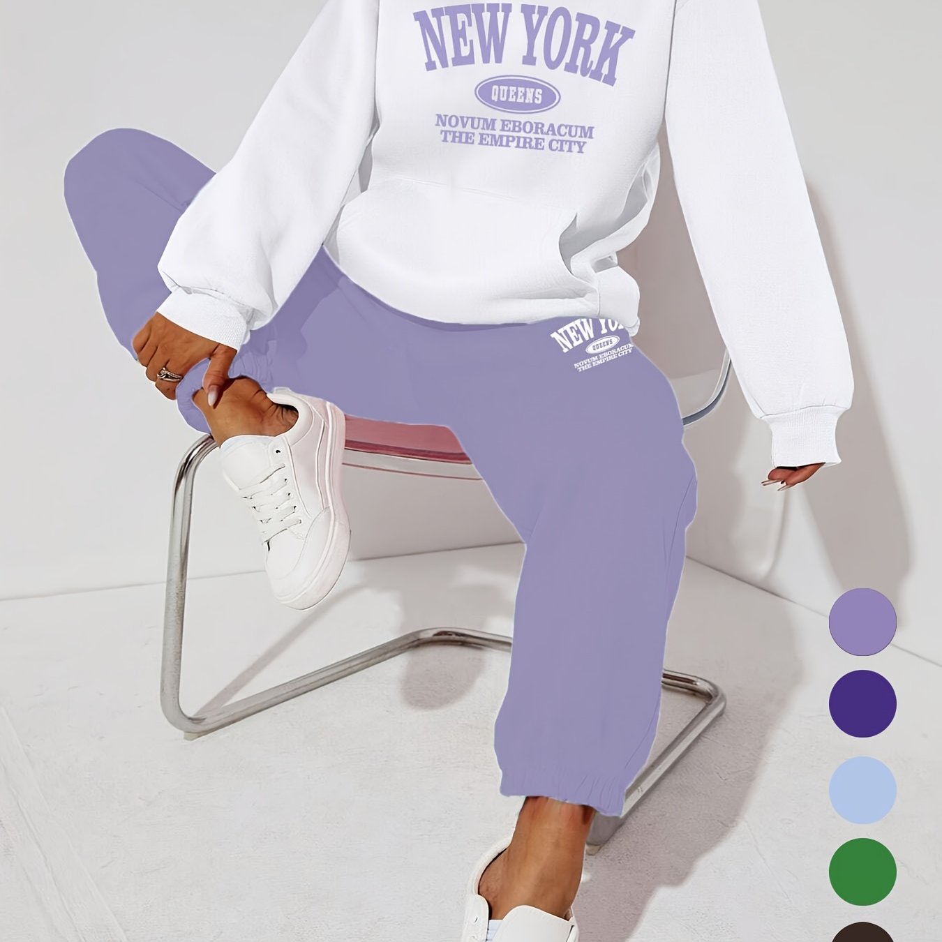 Women's Casual 2-Piece Set Long Sleeve Hooded Sweatshirt and Pants Alphabet Pattern Polyester Knit