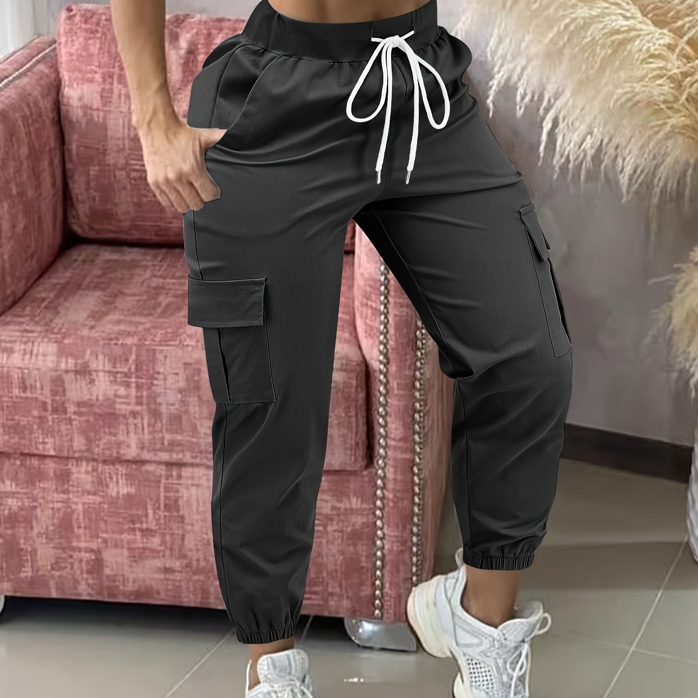 Women's Casual Cargo Pants Polyester Drawstring Waist Solid Color All-Season