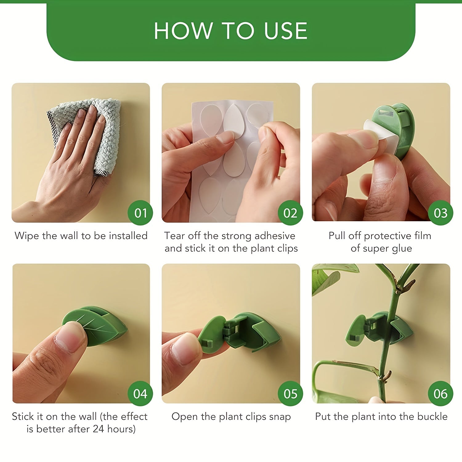 10 Green Plastic Climbing Wall Clips Self-Adhesive Garden Vine Holders for Decorations