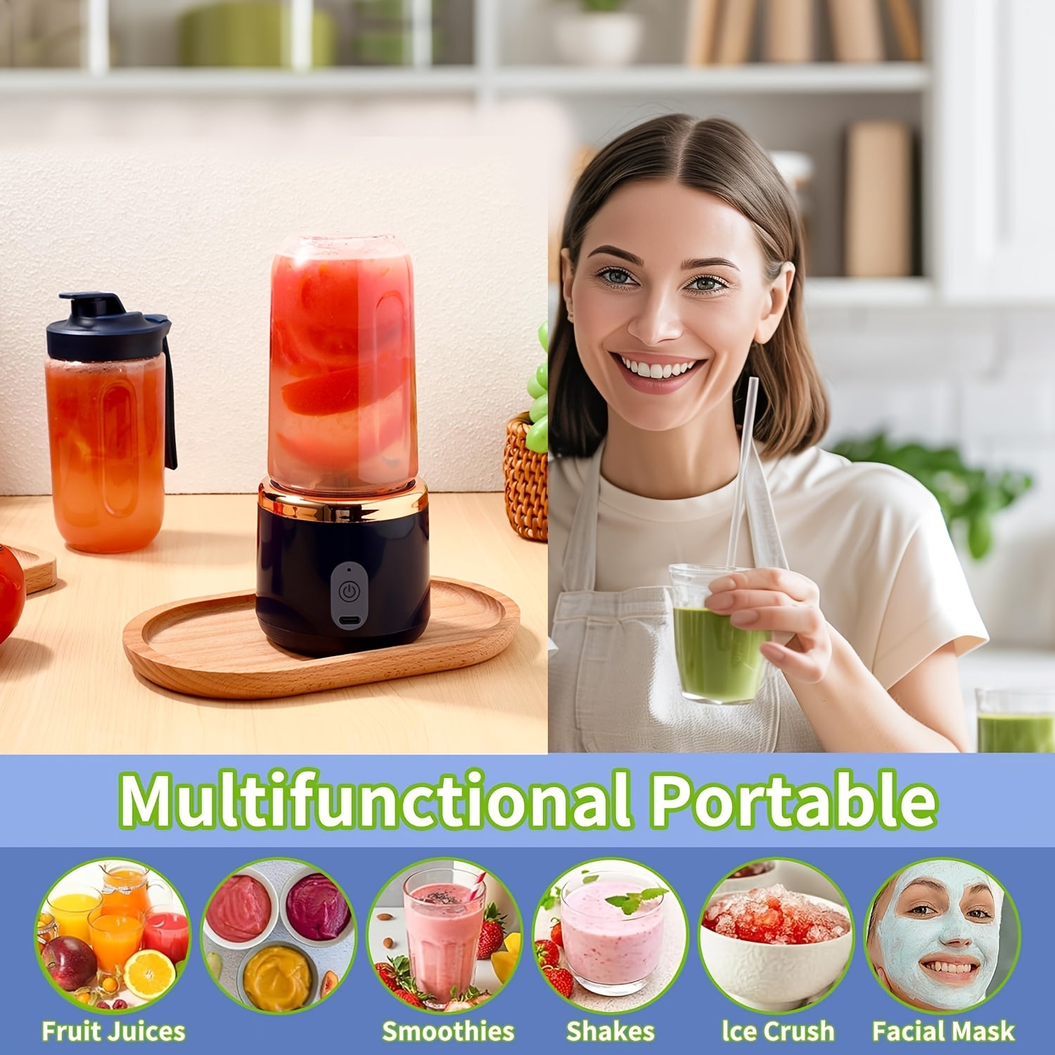Portable USB Rechargeable Juicing Blender 400ml with 6-Blade Travel Cup
