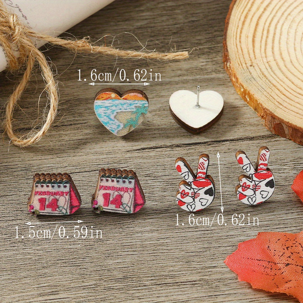 Women's Wooden Earrings Set with Valentine's Day Love and Cupid Designs
