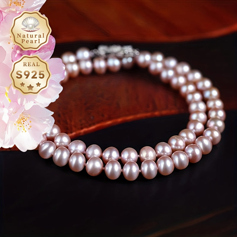 Women's Freshwater Pearl Necklace with June Birthstone 7-7.5mm Purple Natural Pearls Silver Clasp
