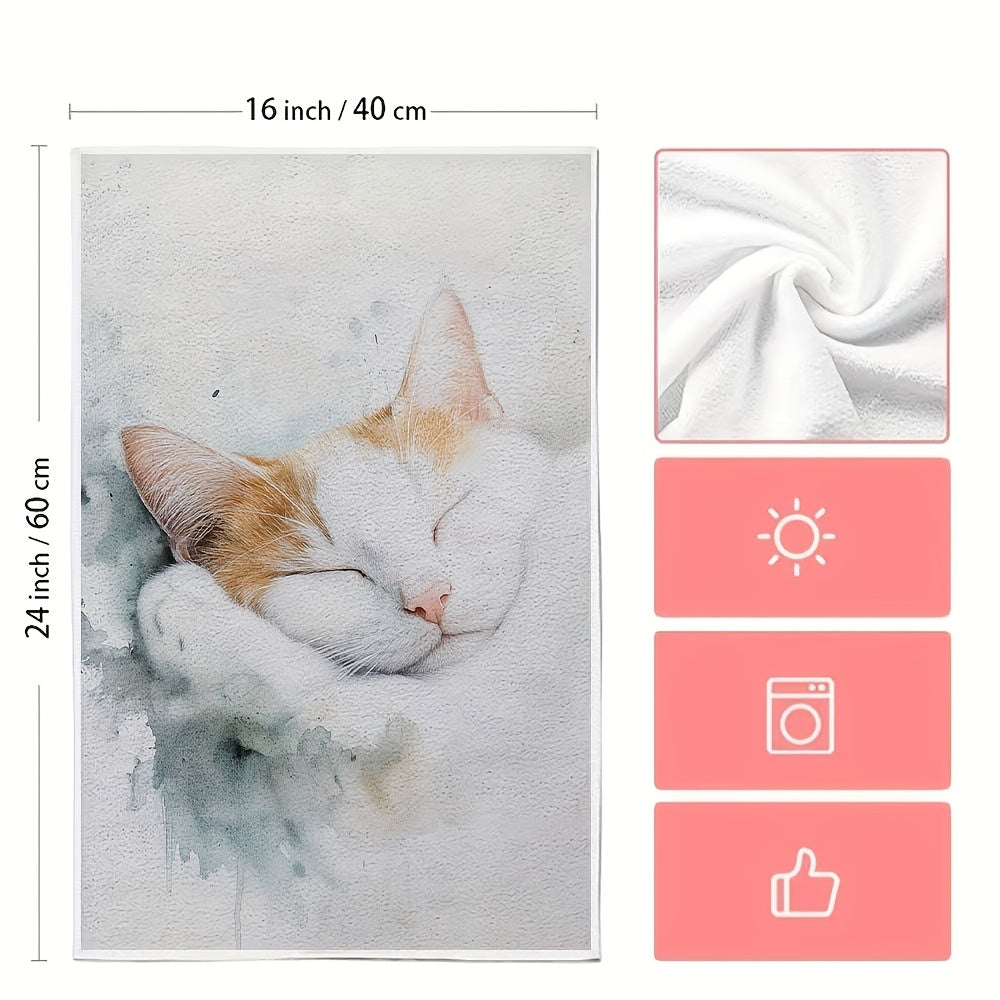 Two-Piece Soft Kitchen Towels Watercolor Cat Design Highly Absorbent Machine Washable