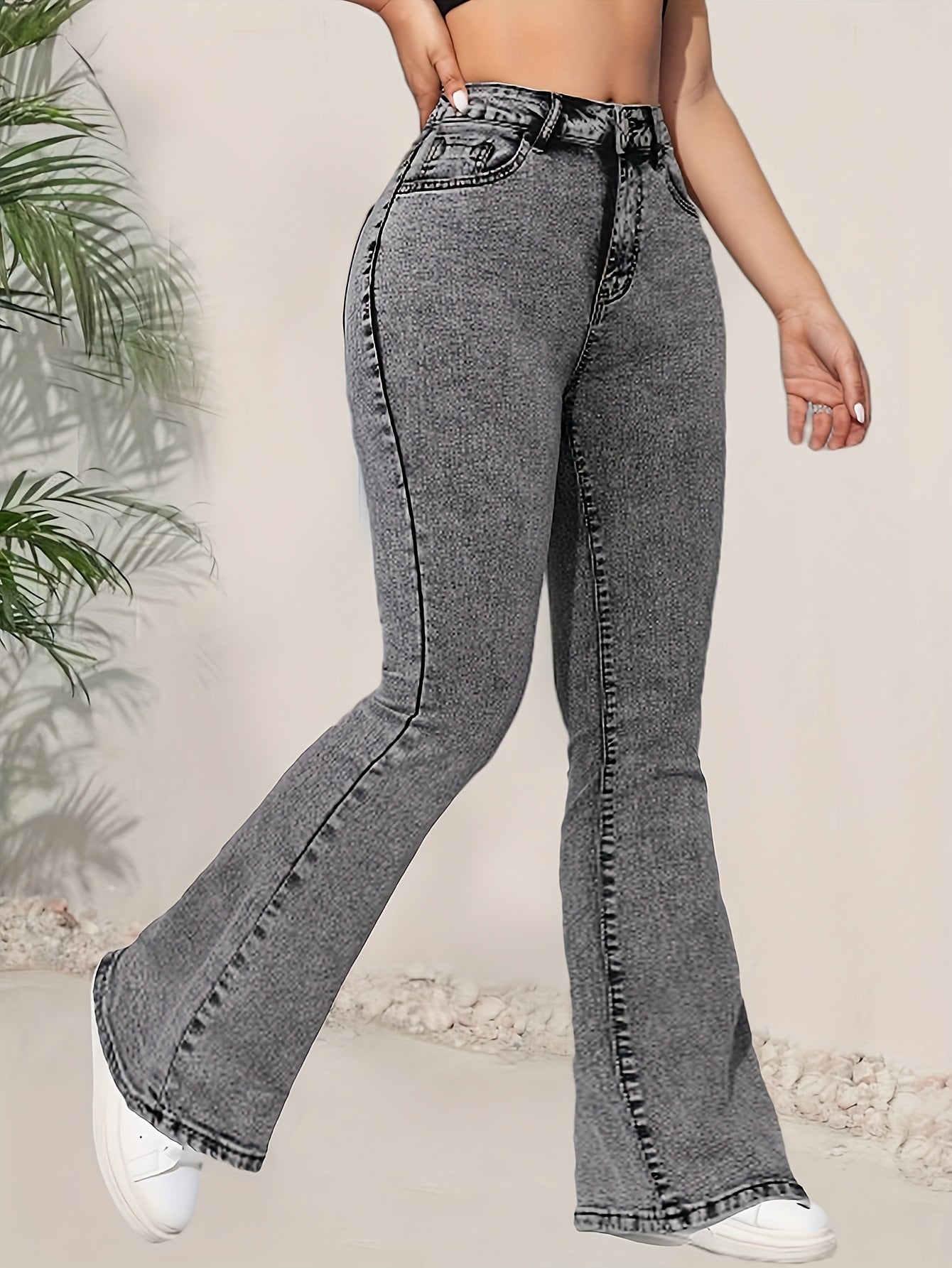 Women Light Gray Stretch Flare Jeans Casual Denim