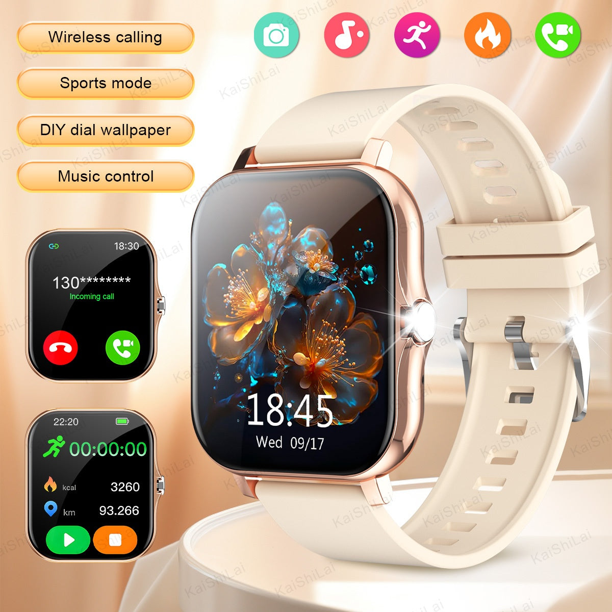 4.65cm HD Full Screen Touch Smartwatch with Call, Heart Rate, Blood Pressure, Step and Distance Tracking for iPhone and Android