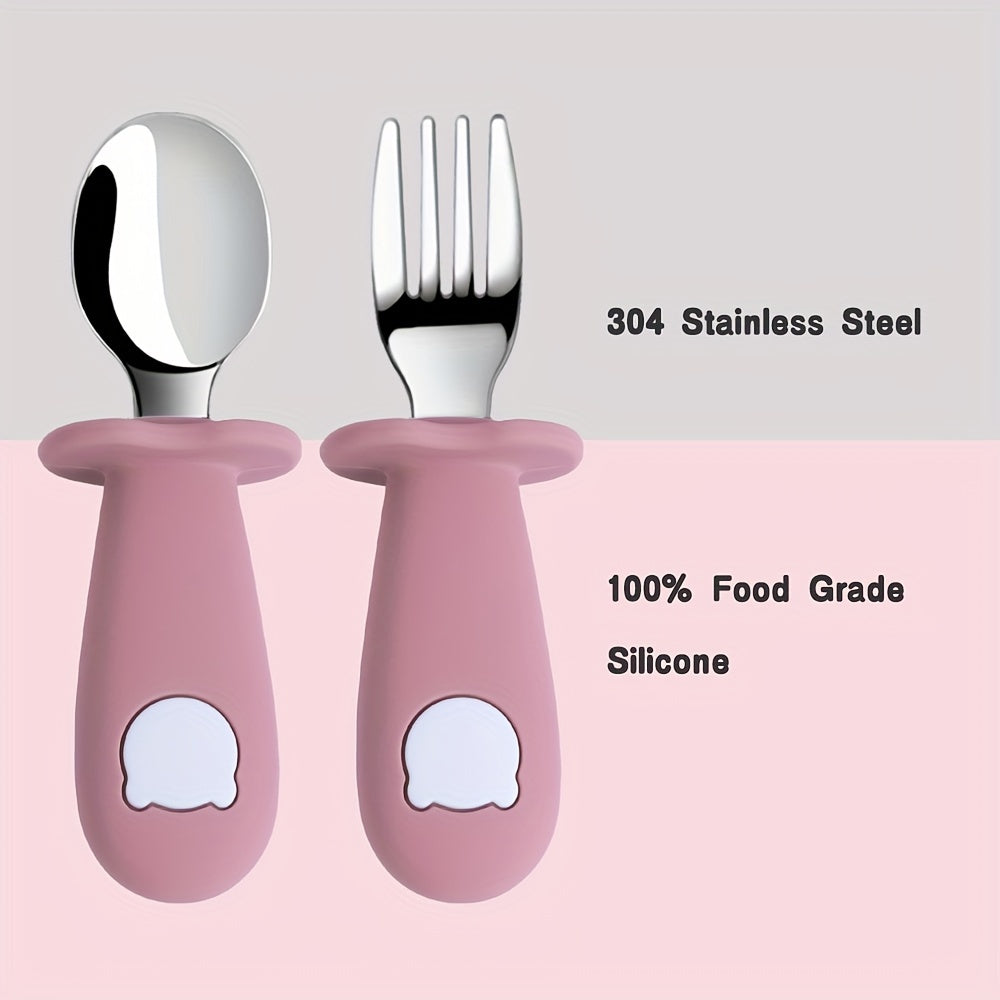 Children's Feeding Set with Silicone and Stainless Steel Spoons and Forks, Non-Toxic, Kid-Friendly