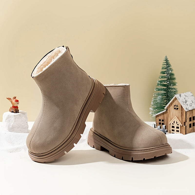 Kids Winter Ankle Boots with Plush Lining, Brown Fabric, Side Zipper, Casual Snow Booties