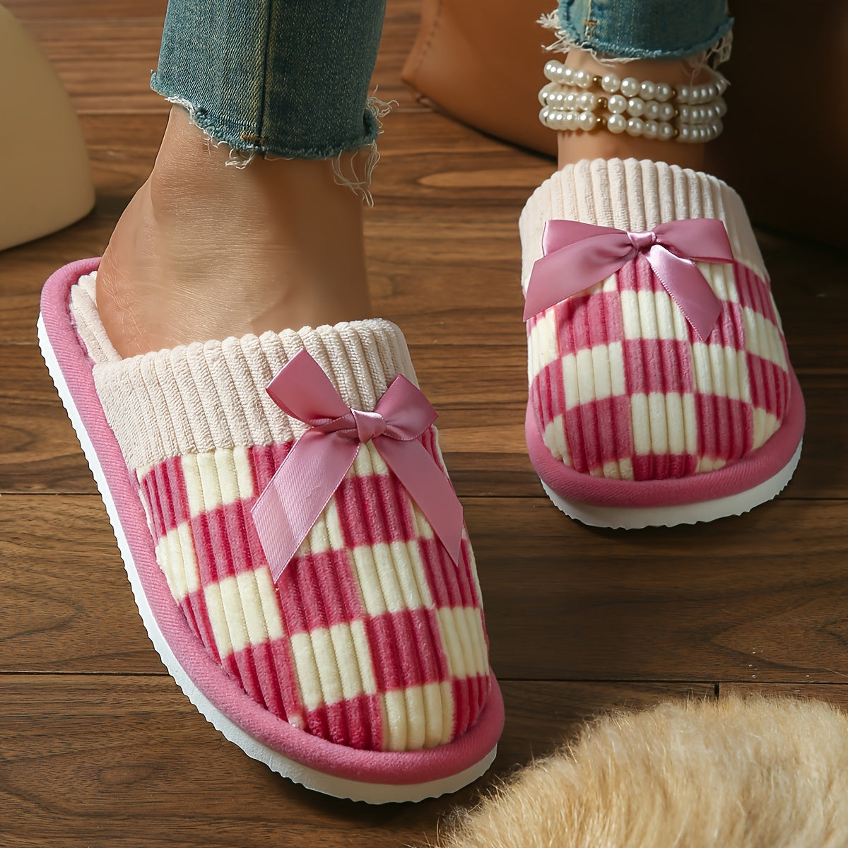 Unisex Plush Indoor Slip-On Slippers with Bow Accent Non-Slip EVA Sole