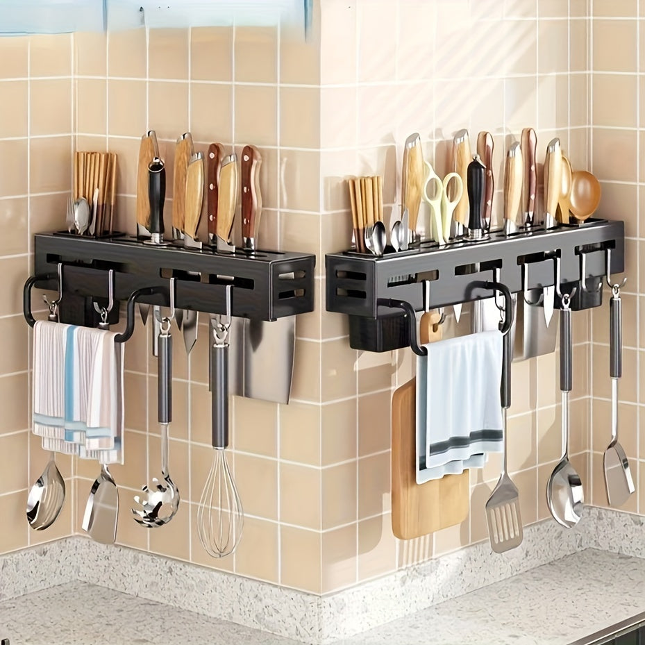 Wall-Mounted Carbon Steel Knife Rack with Hooks Towel Rod and Utensil Caddy