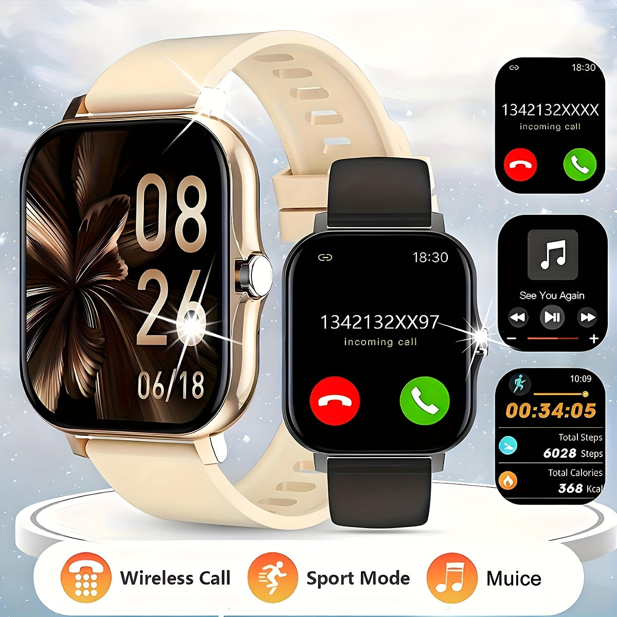 Men's and Women's Smart Watch 1.85-Inch HD Touchscreen Pedometer Calls Multi-Sport