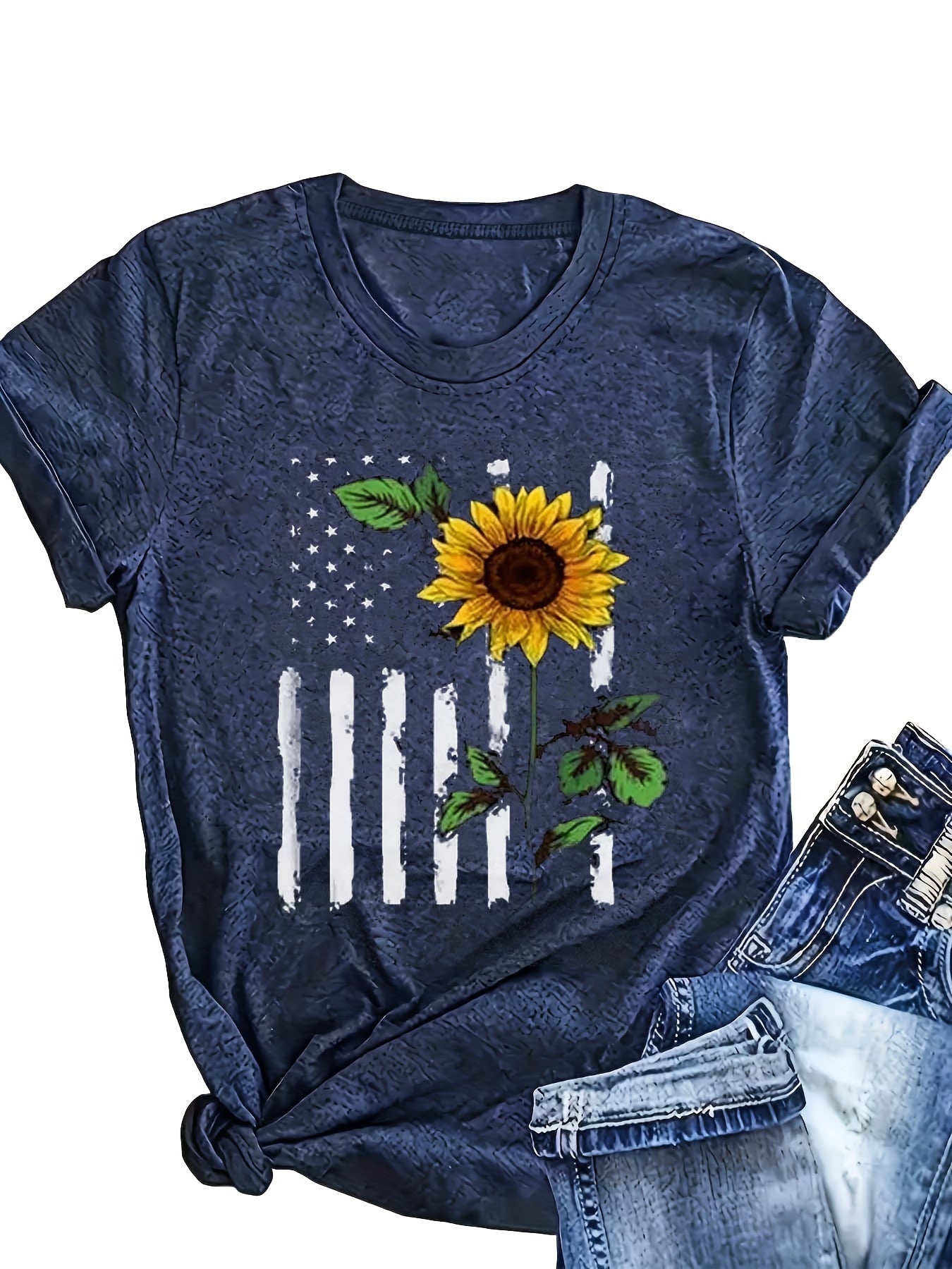 Plus Size Floral American Flag Print T-Shirt Casual Crew Neck Polyester Blend Summer Tee
