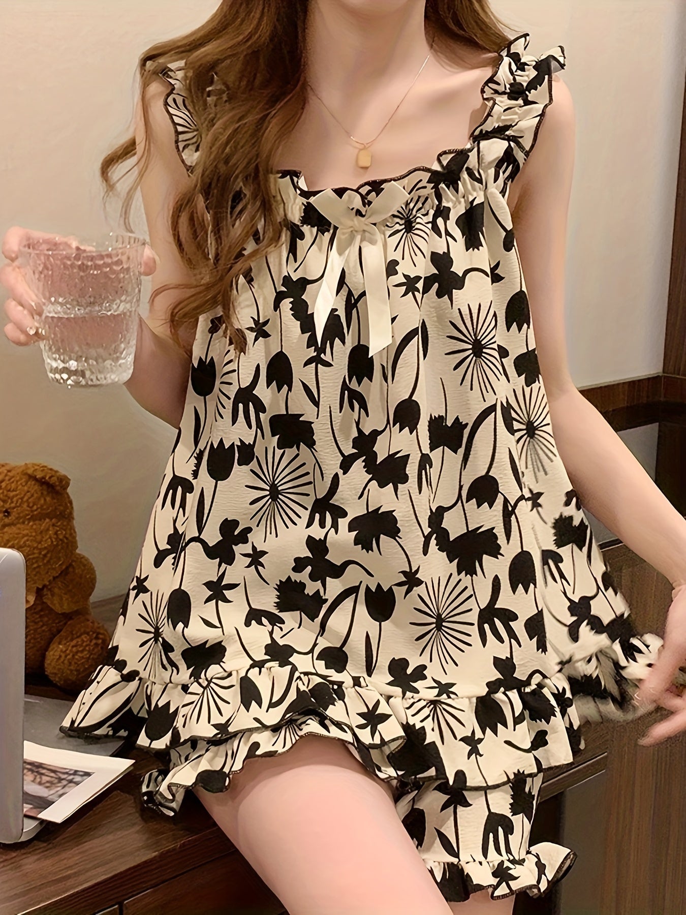 Conjunto de pijama de verano con flores para mujer, poliéster, sin mangas, con volantes, pantalones cortos y textura de burbuja