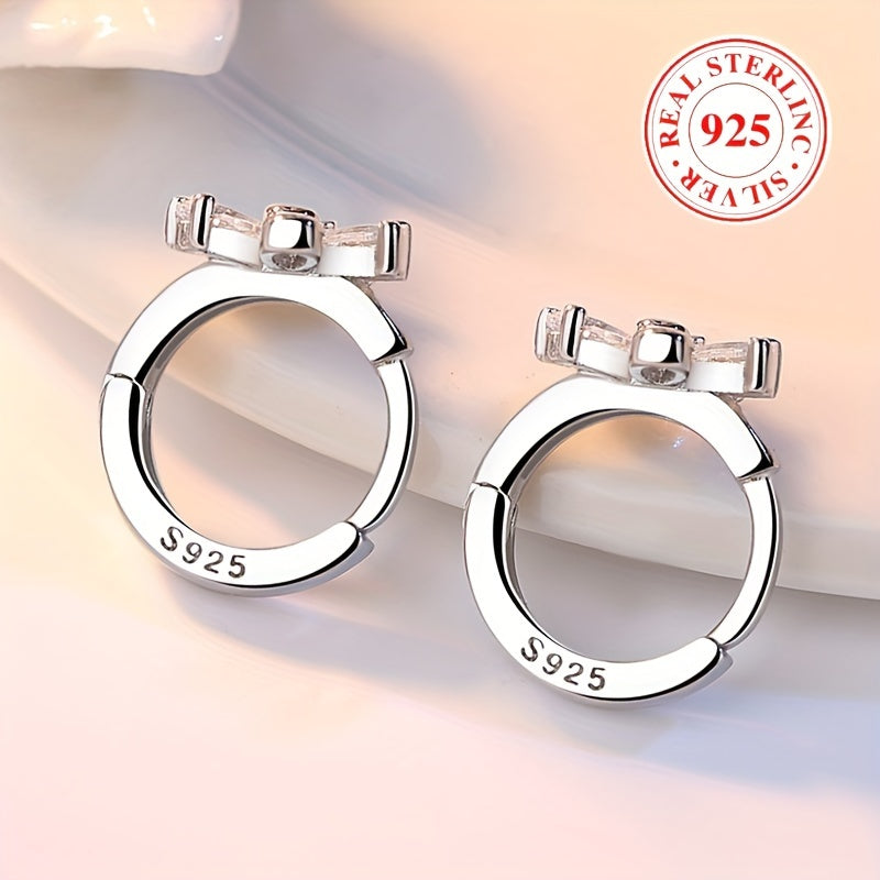 Women's Silver Hoop Earrings with Flower Design and Zirconia Inlay for Party and Wedding