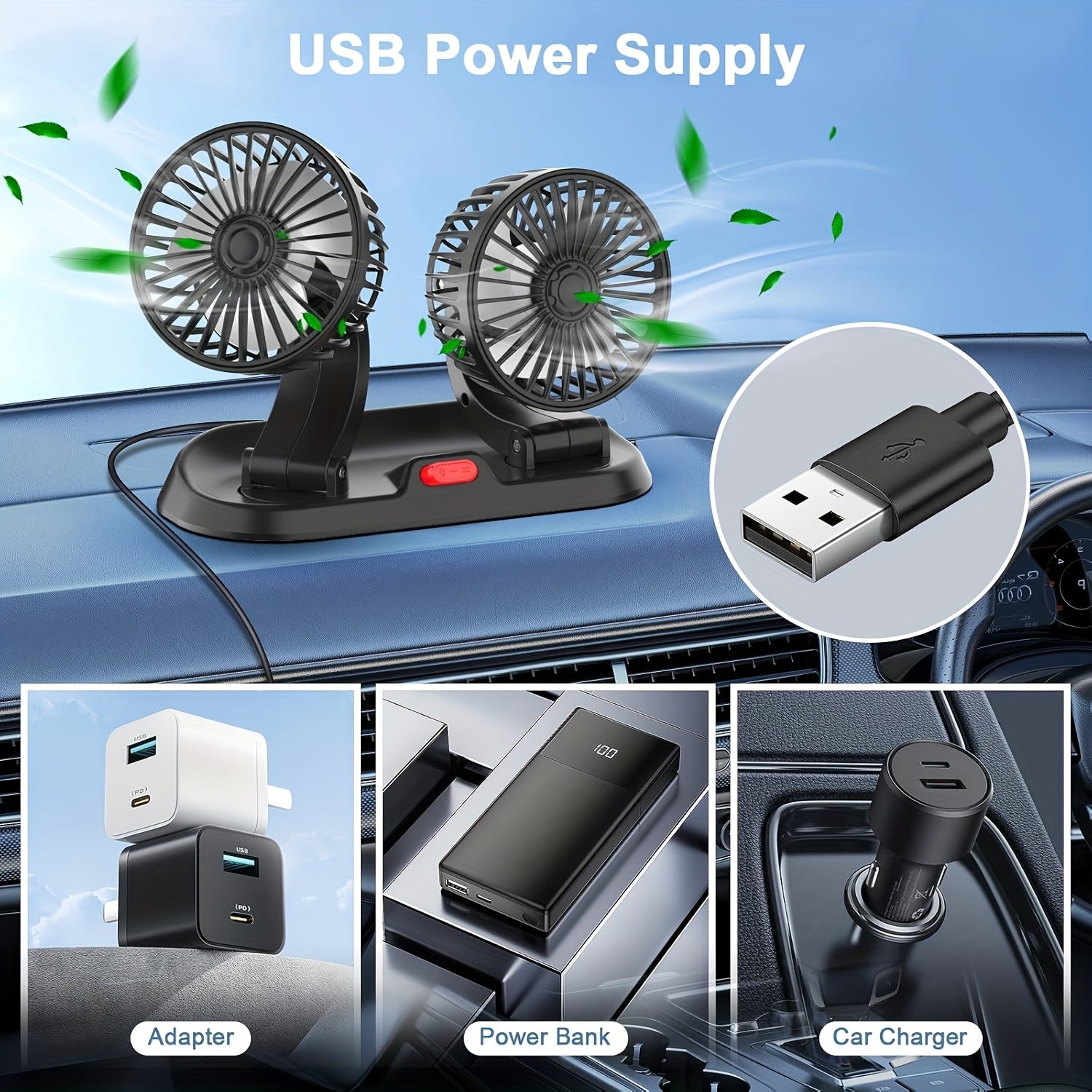 USB Rechargeable Portable Car Dual Fan with Adjustable Speed and Rotatable Heads