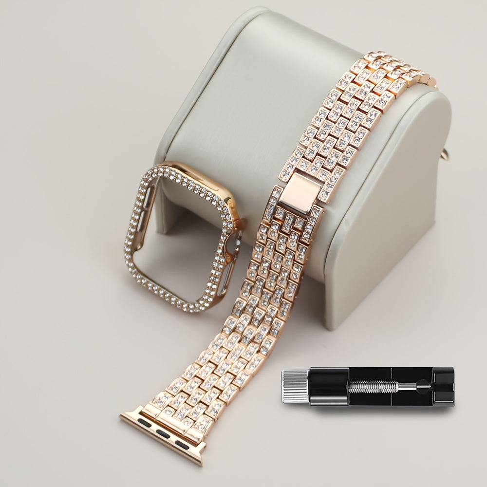 2-в-1 ремешок для часов с полым корпусом, совместимый с ремешками Apple Watch 38mm-46mm + корпус. Женские украшения, сверкающий заменяемый металлический ремешок с алмазными стразами и 2 шт. защитного покрытия из ПК. Нет