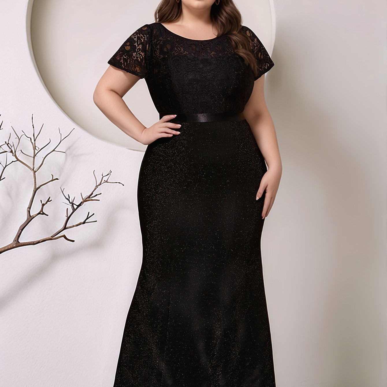 Plus Size Black Mermaid Maxi Dress Glittery Party Wedding Gown