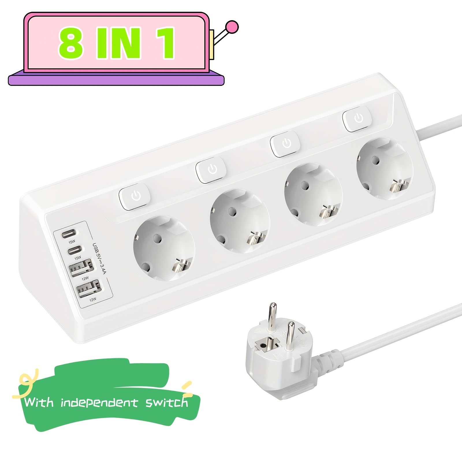4-Port Corner Power Strip with USB-C and USB-A Ports 220-240V AC European Plug