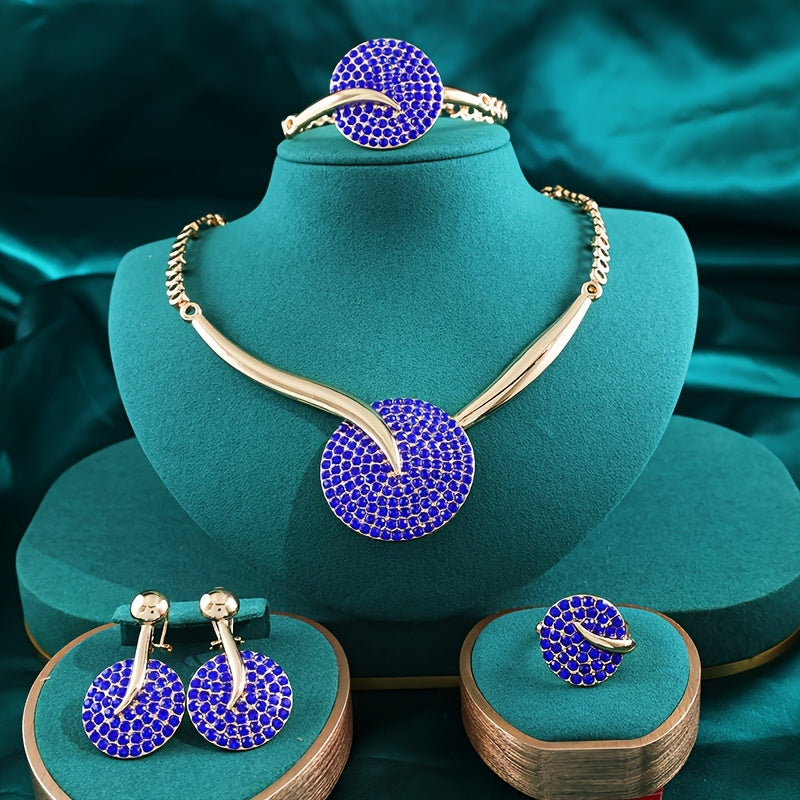 Gold-Plated Jewelry Set with Vibrant Crystals Necklace Bracelet Earrings Ring for Weddings and Gifts