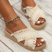 Women's Bohemian Tassel Sandals Slip-On Flat Beach Casual White